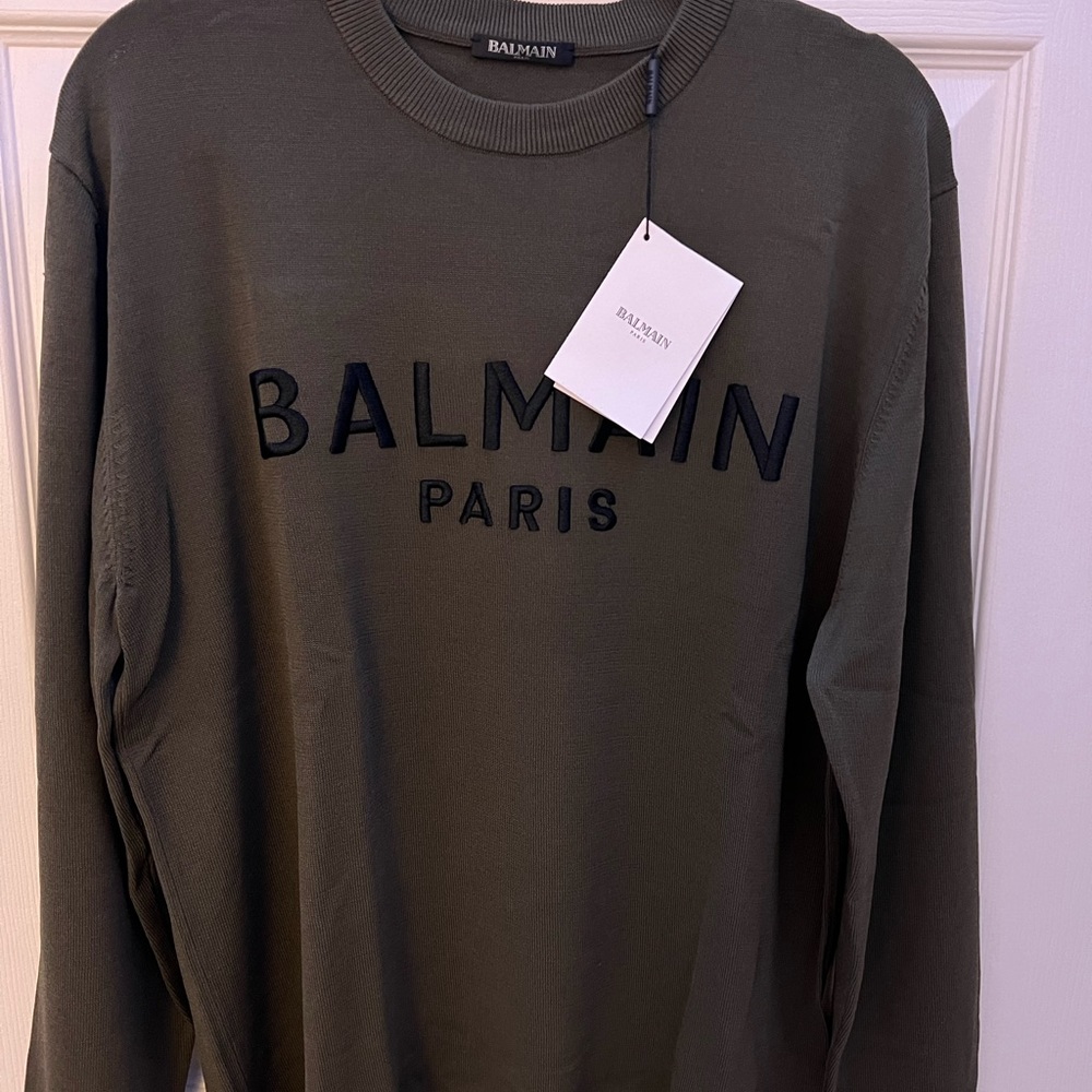 Green Balmain Sweater with stitched lettering